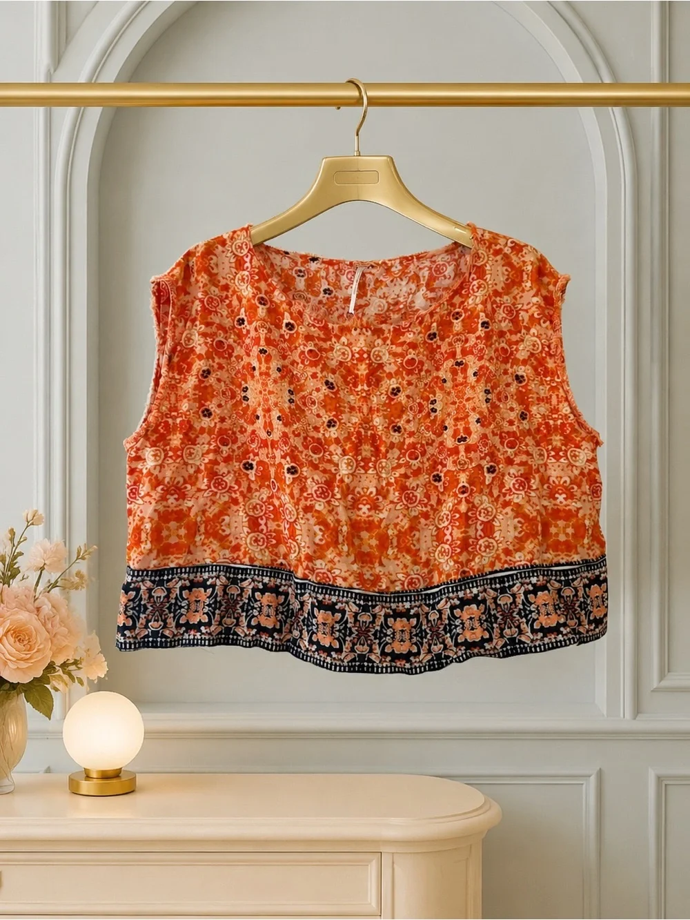 Free People Orange Floral Linen Blend Cropped Blouse Top Medium